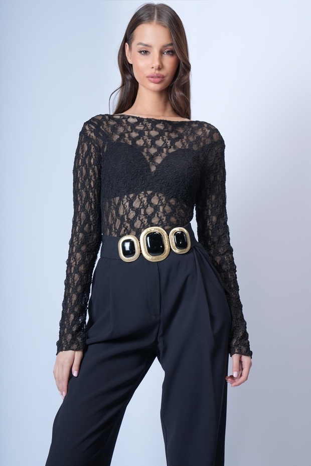 Women's Black Boat Neck See-Through Lace Blouse Alc-X15043