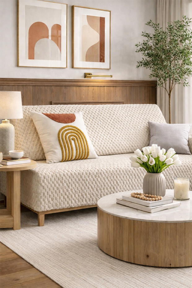 Sofa Cover Plush Non-Slip Based Armchair Cover 170X215 cm Beige