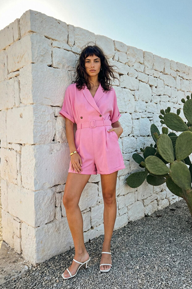 Pembe Kemerli Kurvaze Yaka Mini Dokuma Tulum TWOSS19WX0112 - 1