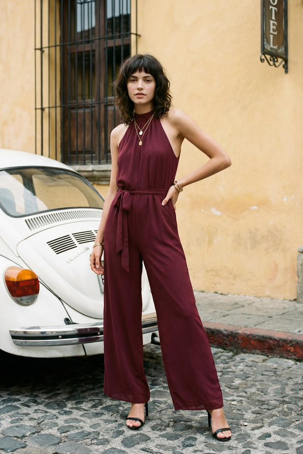 Bordo Kuşaklı Maxi Şifon Astarlı Dokuma Tulum TWOSS23TU00093 - 1