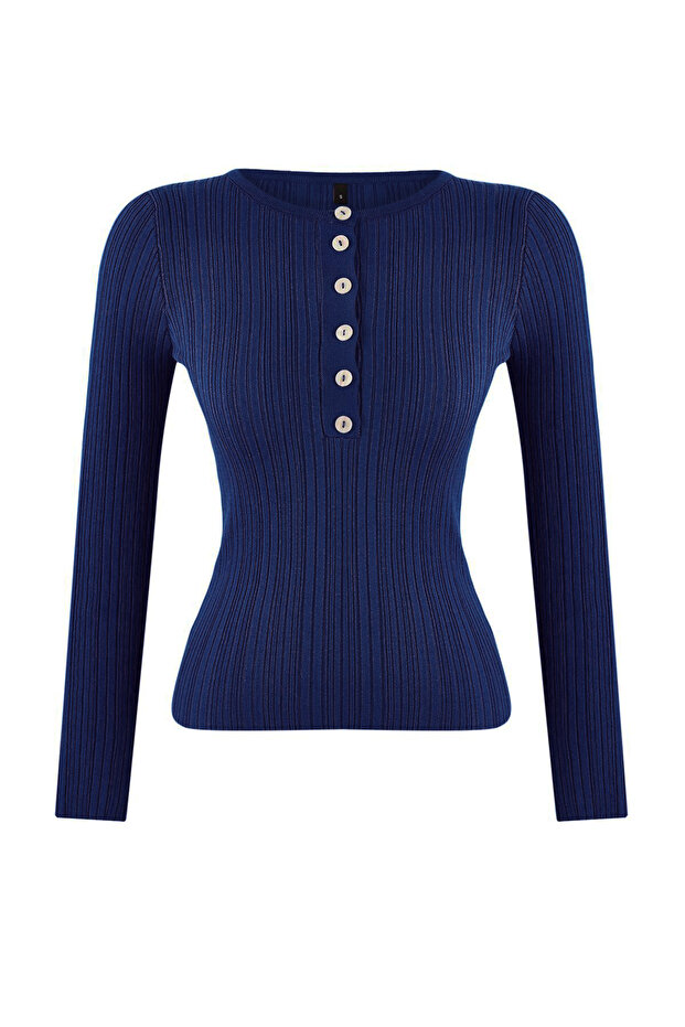 Wardrobe Essentials Lacivert Fitted/Vücuda Oturan Fitilli Triko Kazak | TWOAW26KZ00083 - 5