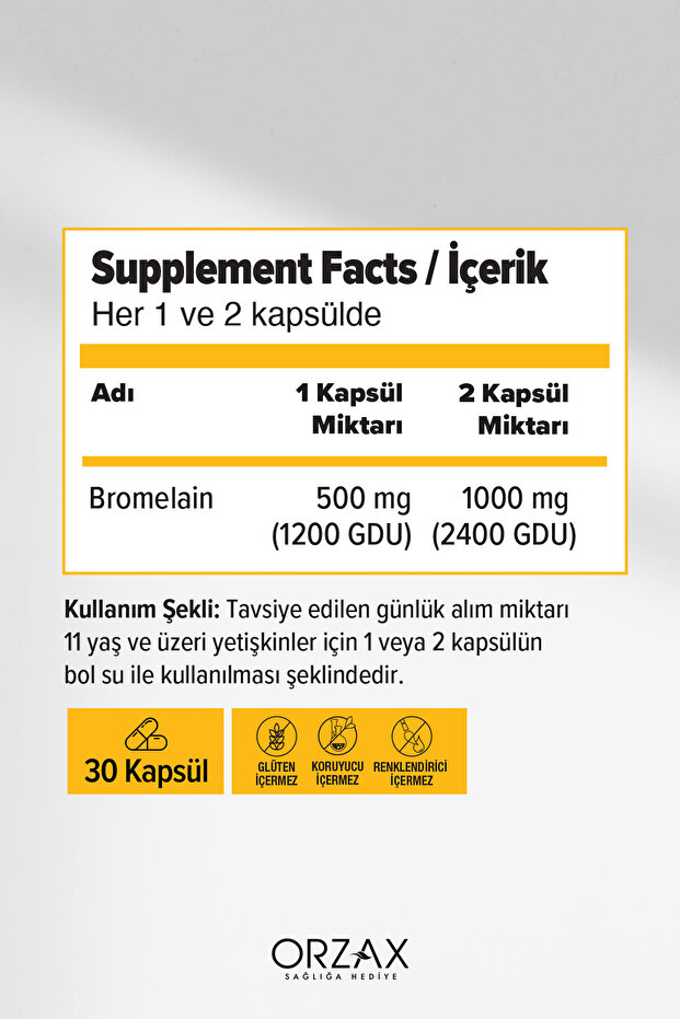 Bromelain 500 Mg Takviye Edici Gıda (Ananas Ekstresi - 2400 GDU / g Bromelain İçerir) 30 Kapsül - 2