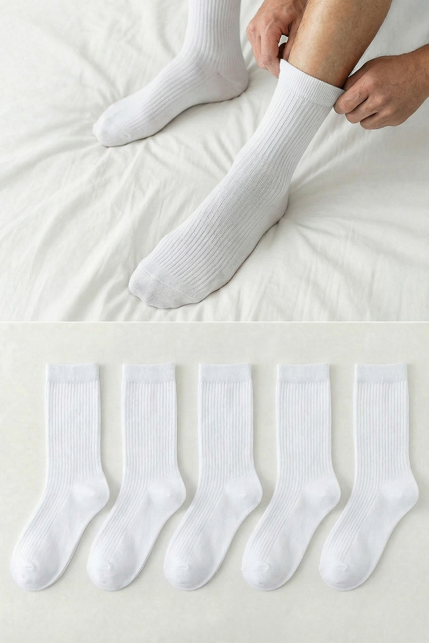 White 5'Li Package Economic Package Cotton Textured College-Tennis-Medium Length Socks Tmnss24Co00006