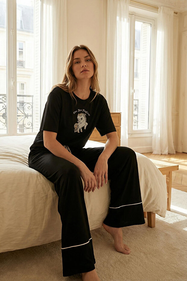 Siyah %100 Pamuklu Eğlence Baskılı Biye Detaylı Örme Pijama Takımı THMSS21PT0953 - 1