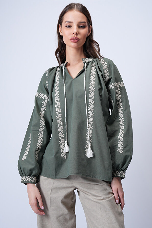 Khaki Hakim Collar Balloon Sleeve Embroidered Woven Blouse Alc-X15047