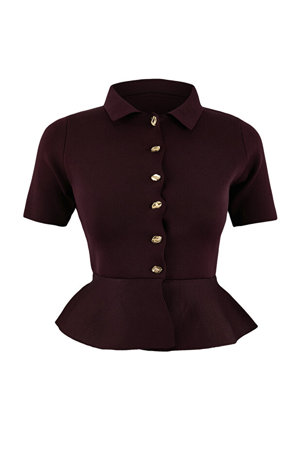 Mürdüm Peplum/Belden Oturmalı Düğme Detaylı Triko Bluz TWOSS26BZ00158 - 4
