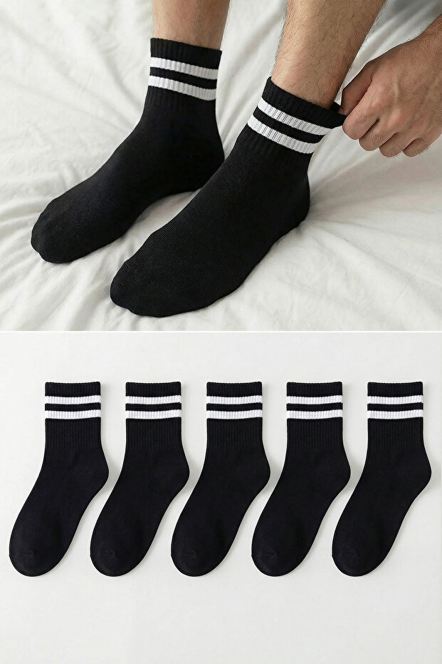 Siyah 5'li Paket Pamuklu Çizgili Kolej-Tenis-Orta Boy Çorap TMNSS24CO00017 - 1