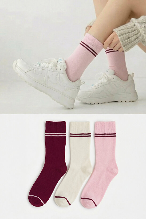 Pembe-Çok Renkli 3'lü Pamuklu Çizgili Jakar Örme Çorap THMAW26CO00004 - 1