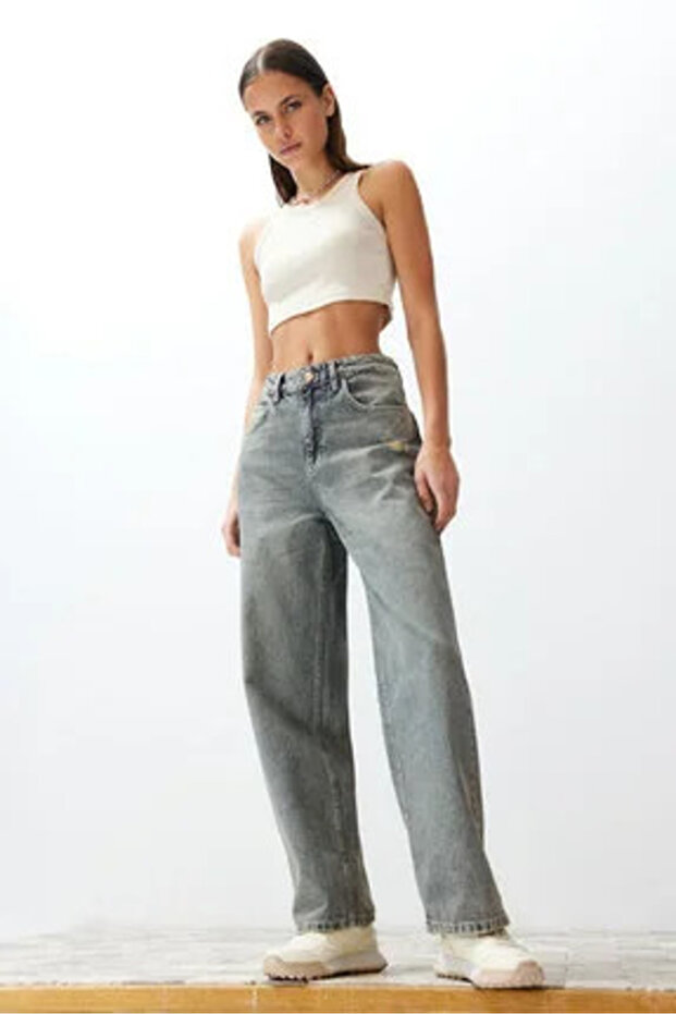 Mavi Soluk Efekt Vintage Düşük Bel Wide Leg TWOSS24JE00147 - 3