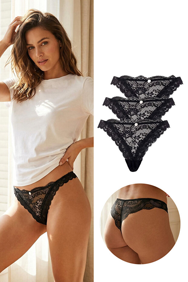 Siyah 3'lü Dantel Tanga Külot THMSS26KU00001 - 1