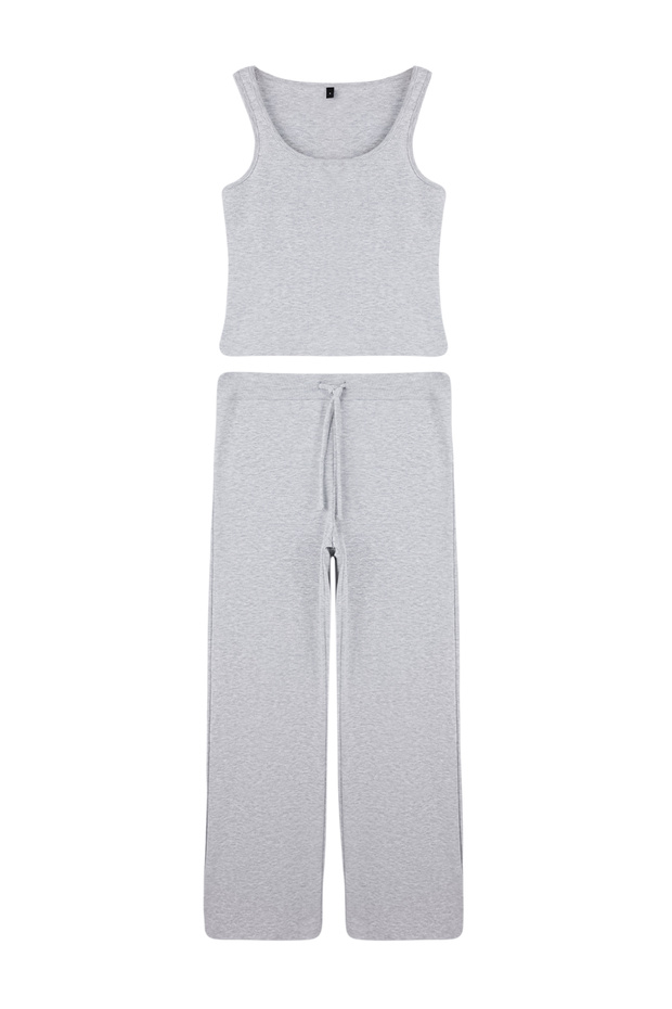 Wardrobe Essentials-Gri Melanj Fitted/Vücuda Oturan İspanyol Paça Örme Alt-Üst Takım TWOSS26AU00010 - 5