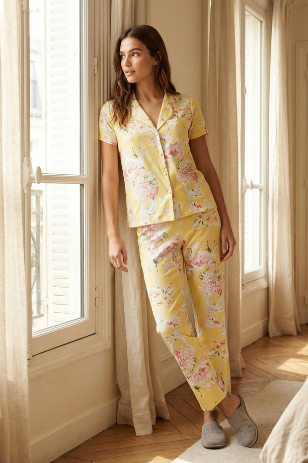Sarı %100 Pamuklu Çiçek Desenli Gömlek-Pantolon Örme Pijama Takımı THMSS20PT0063 - 1