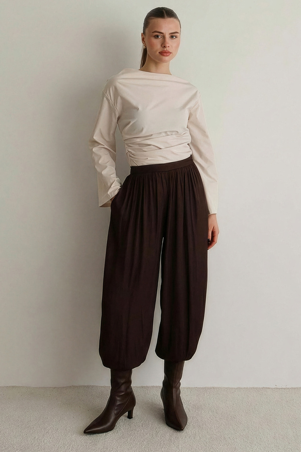 Kahverengi Saten Crushlı Şalvar Pantolon TWOSS26PL00018 - 6
