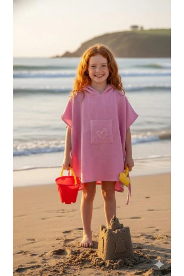 Children's Muslin Poncho, 100% Organic Oeko-Tex Certified, Heart Patterned, with Pockets, Hooded