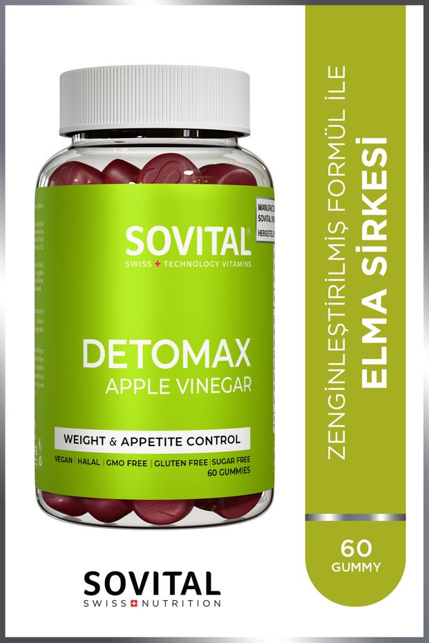 Detomax Apple Vinegar, Folic Acid, Vitamin B, Green Apple Flavored, Chewable, Vegan, Sugar-Free 60 Gummies