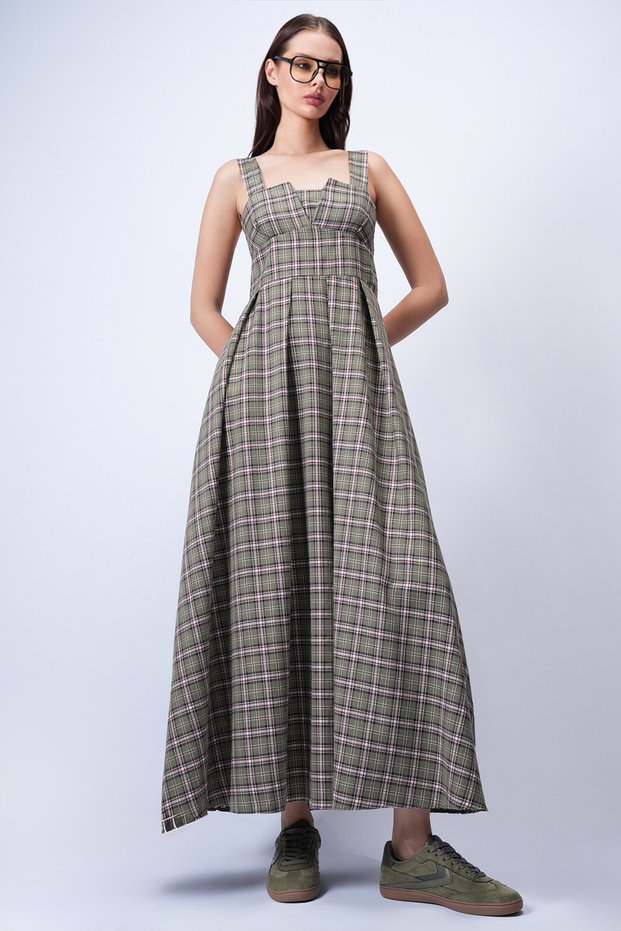 Women's Khaki Thick Strap Skirt Pleated Maxi Length Dress Alc-X15049
