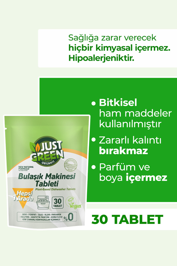 Just Green Organic Bitkisel Bulaşık Makinesi Tableti - %100 Bitkisel - Doğal Ve Güçlü Temizlik (30 TABLET) Yerli Üretim
