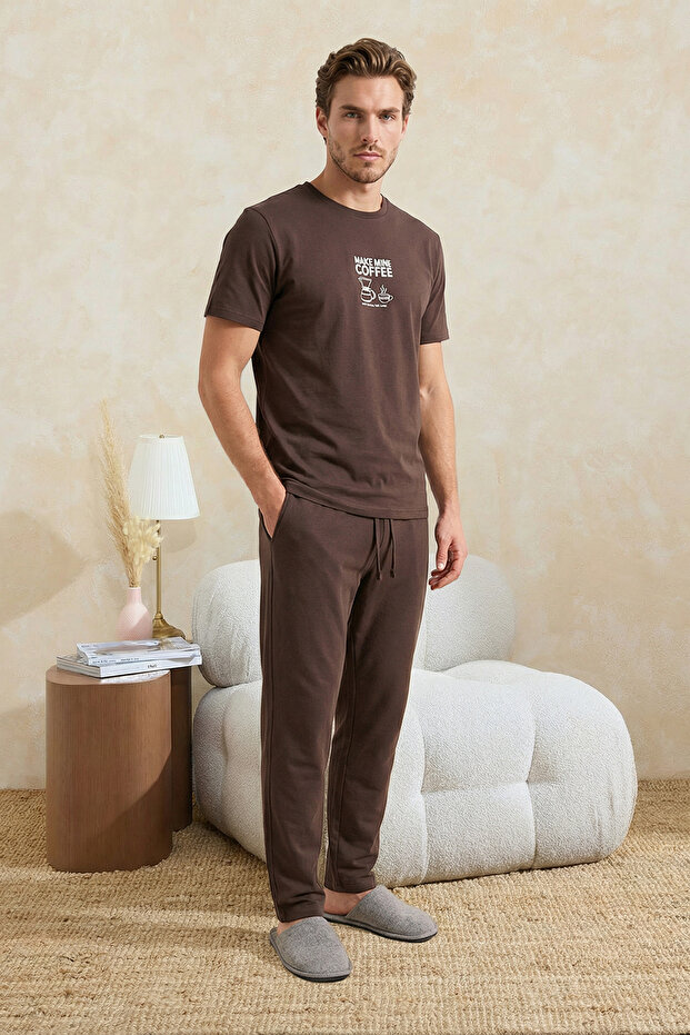 Kahverengi Regular Slogan Homewear Pijama Takımı TMNSS26PT00002 - 2
