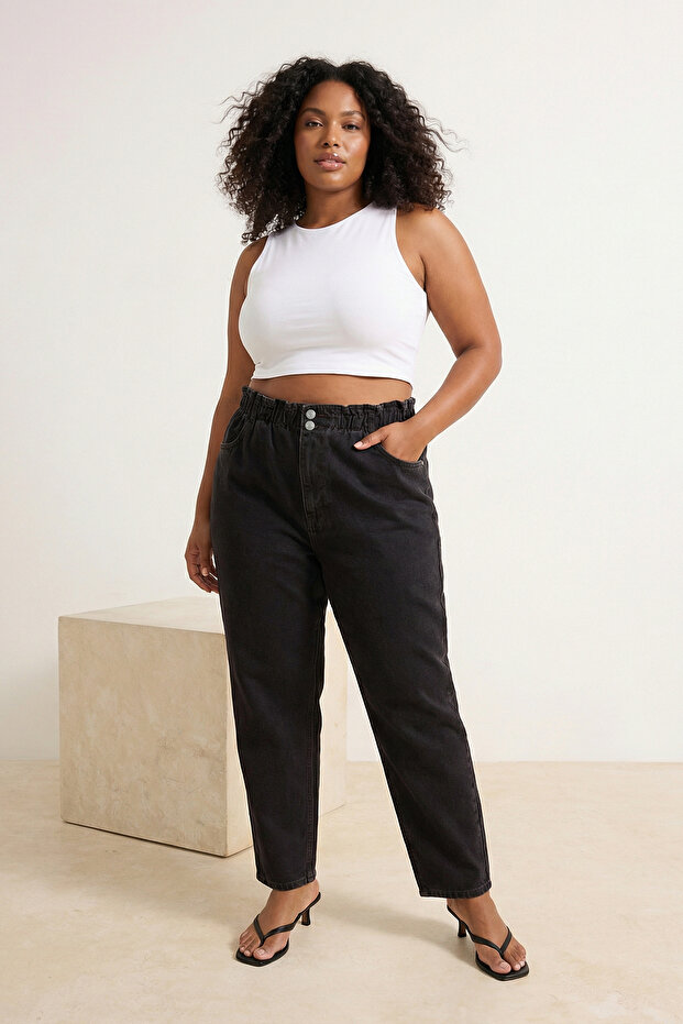 Kahverengi üksek Bel Beli Lastikli Büyük Beden Mom Jeans TBBAW23JE00002 - 1