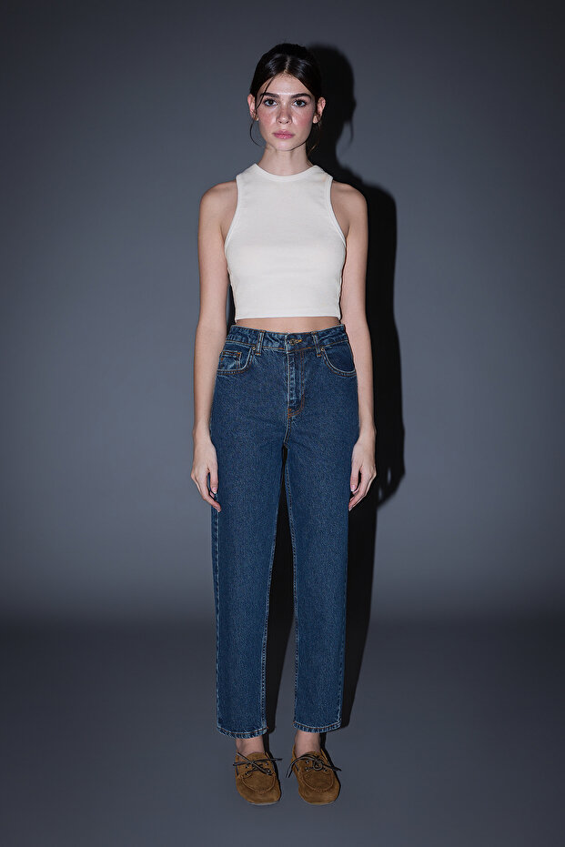 Koyu Mavi Yüksek Bel Bilek Boy Az Esnek Mom Jeans TWOSS26JE00112 - 2