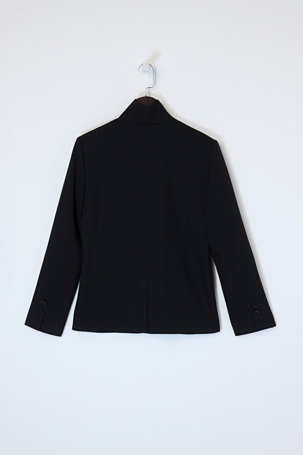 Siyah Astarlı Dik Yaka Belden Oturmalı Nervürlü Dokuma Blazer Ceket TDRSS26CE00012 - 5