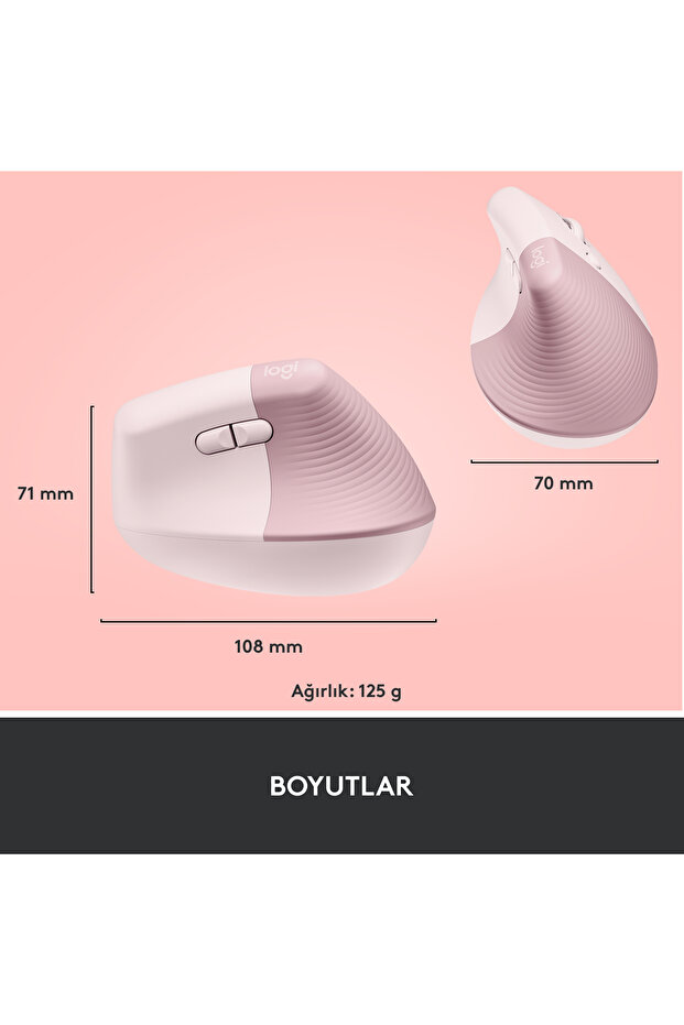 Lift Sessiz Kablosuz Ergonomik Dikey Mouse, Pembe 910-006478 - 11