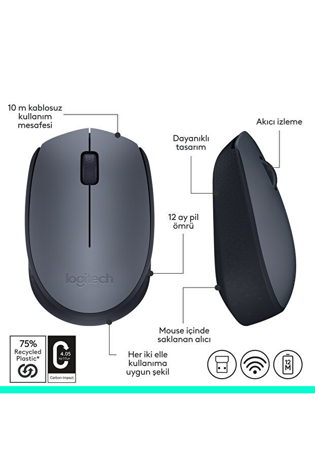 M170 USB Alıcılı Kablosuz Kompakt Mouse, Gri 910-004642 - 9