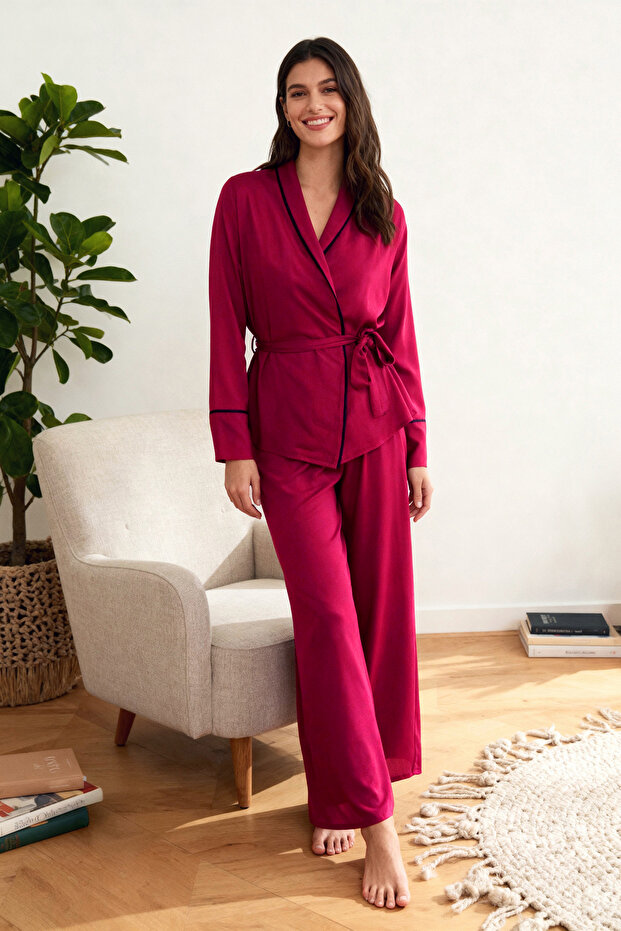 Bordo Kuşaklı Biye Detaylı Kruvaze Viskon Dokuma Pijama Takımı THMAW22PT1109 - 2