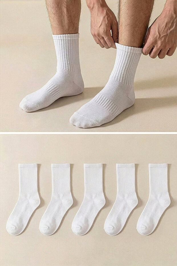 Beyaz Unisex 5'li Paket Pamuklu Dokulu Kolej/Orta Boy Çorap TMNAW25CO00011 - 5