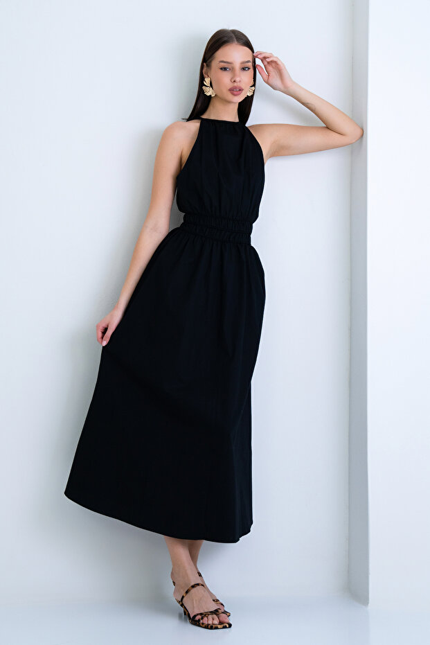 Siyah Yakası Ve Beli Büzgülü İçi Astarlı Maxi Boy Yazlık Elbise ALC-X15167 - 5