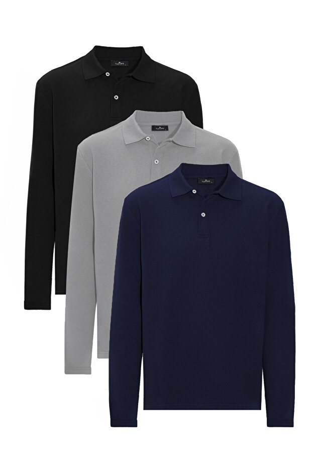 Men's 3-pack navy-gray-black standard fit regular cut cotton pique long sleeve sweatshirt