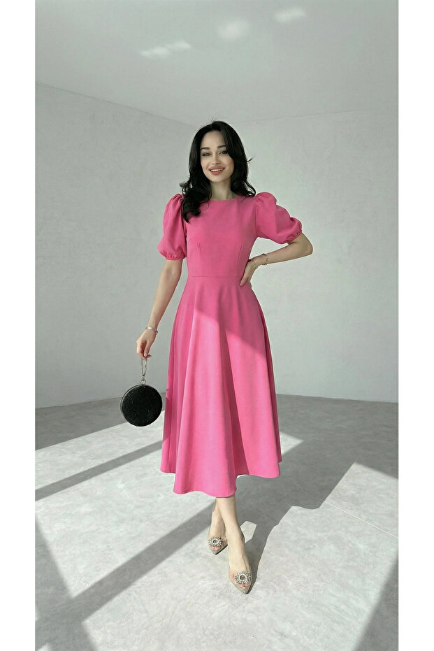 Crew Neck Balloon Sleeve Skirt Flared Midi Length Premium Dress