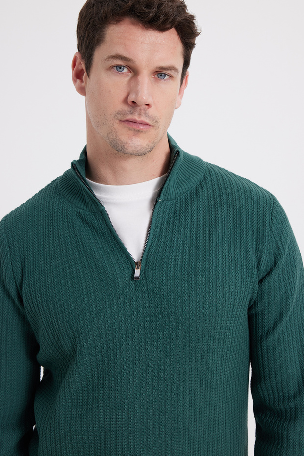 Men's Slim Fit Slim Fit Stand Collar Zippered Patterned Green Knitwear Sweater