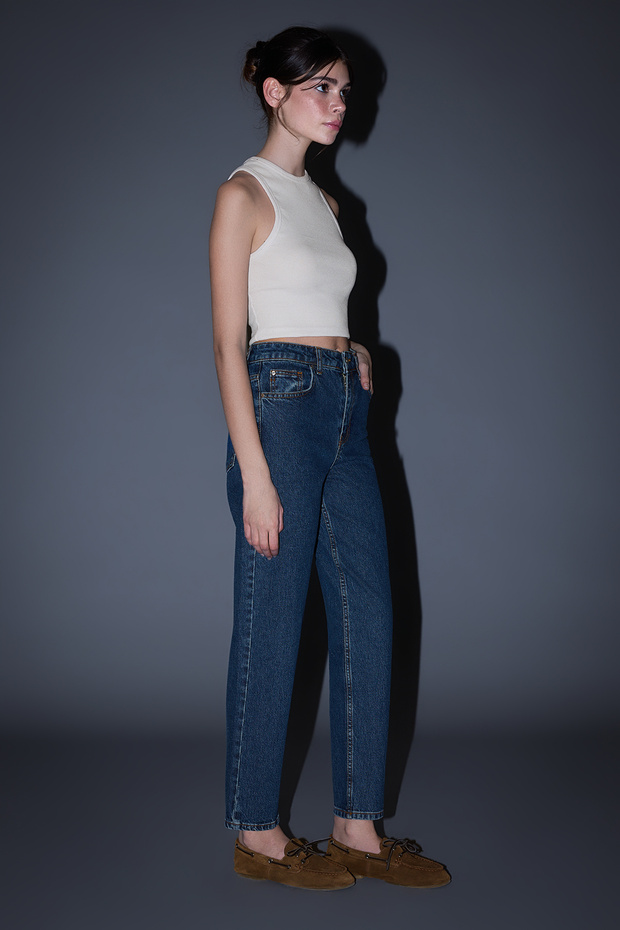 Koyu Mavi Yüksek Bel Bilek Boy Az Esnek Mom Jeans TWOSS26JE00112 - 5