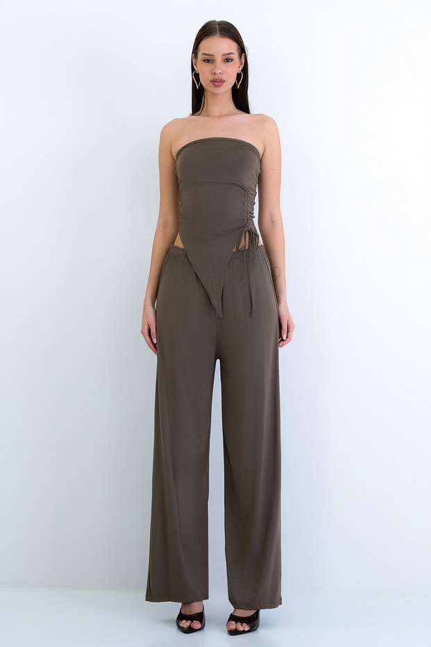 Khaki Asymmetrical Cut Tie-Detail Knitted Strapless Blouse and Trousers Set Alc-X15218