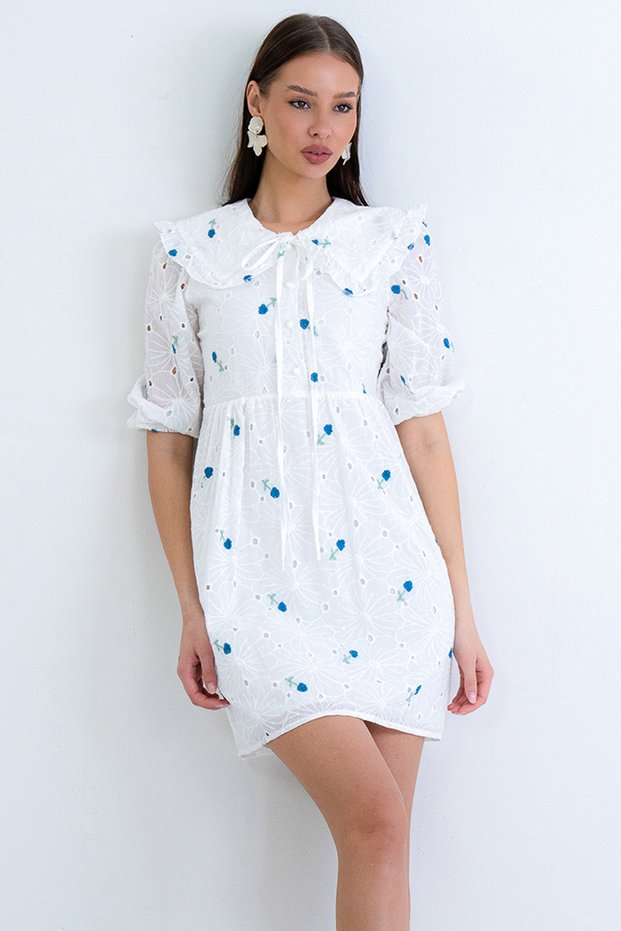 Blue Baby Collar, Scallop and Embroidered Lined Mini Dress Alc-X15188
