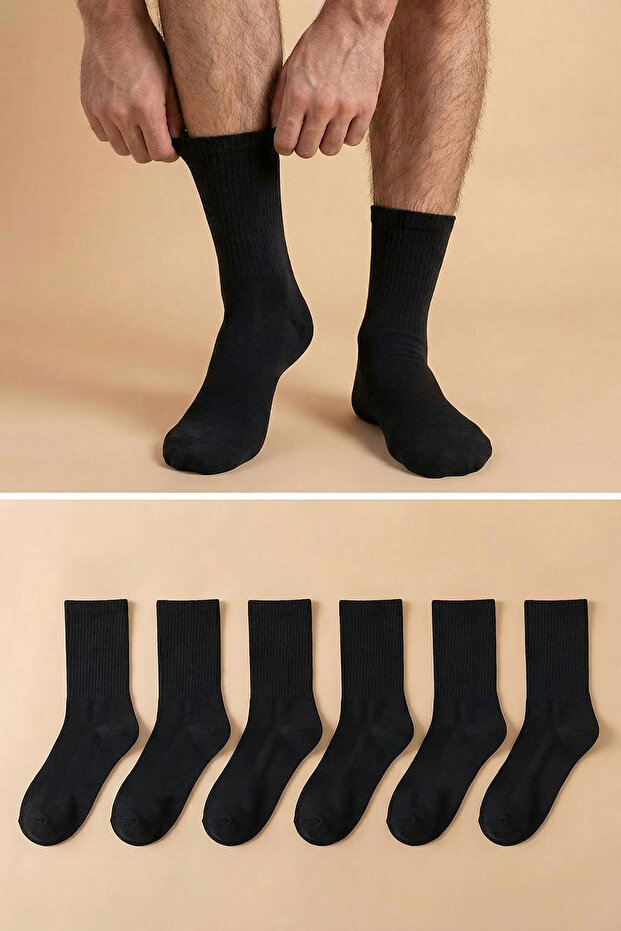 Siyah Unisex 6'lı Pamuklu Kolej-Tenis-Orta Boy Çorap TEDAW25CO00007 - 3