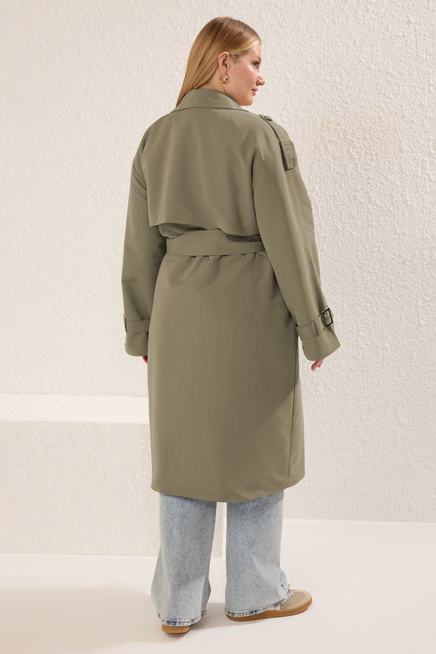 Açık Haki Uzun Oversize Büyük Beden Trençkot TBBSS25BM00002 - 8