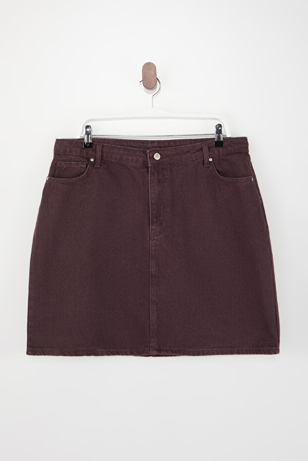 Bordo Yüksek Bel %100 Non-Stretch Pamuk A Shape Denim Etek TBBAW23AZ00042