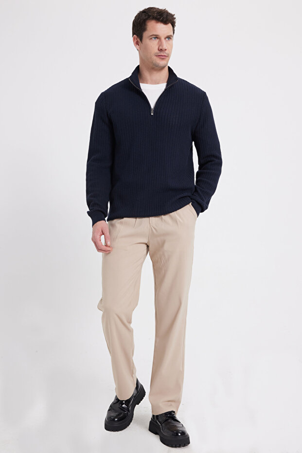 Erkek Slim Fit Dar Kesim Dik Yaka Fermuarlı Desenli Lacivert Triko Kazak - 2