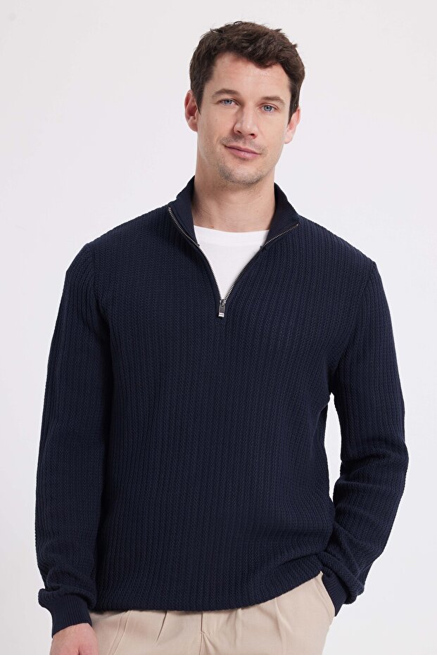 Erkek Slim Fit Dar Kesim Dik Yaka Fermuarlı Desenli Lacivert Triko Kazak - 7