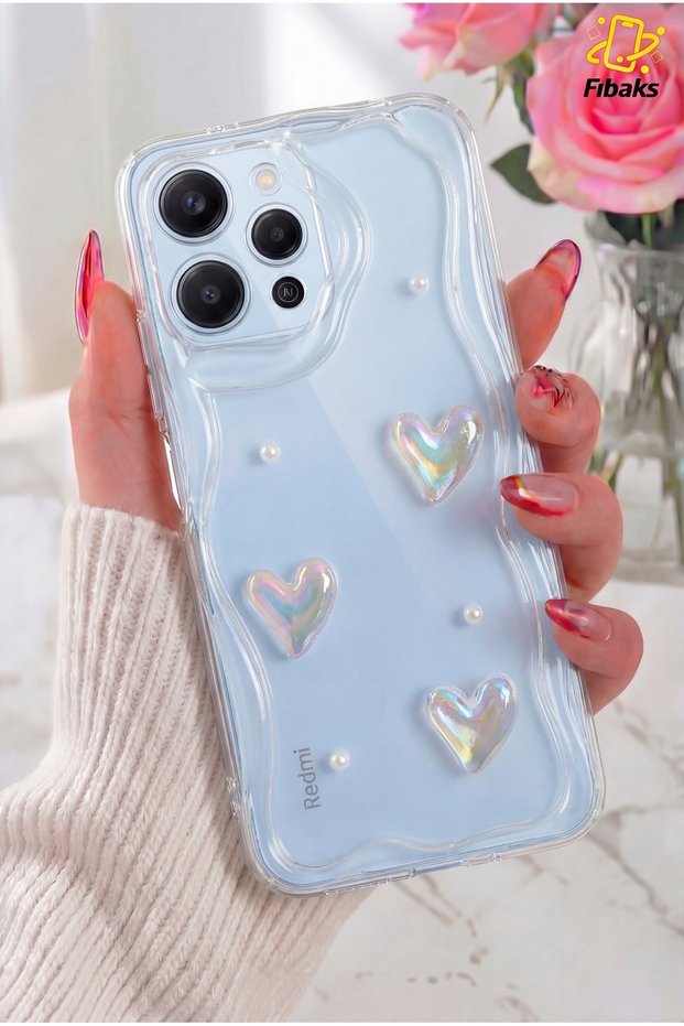 Redmi 12 Case 3D Heart Pearl Design Patterned Transparent Silicone Cover with Camera Protection
