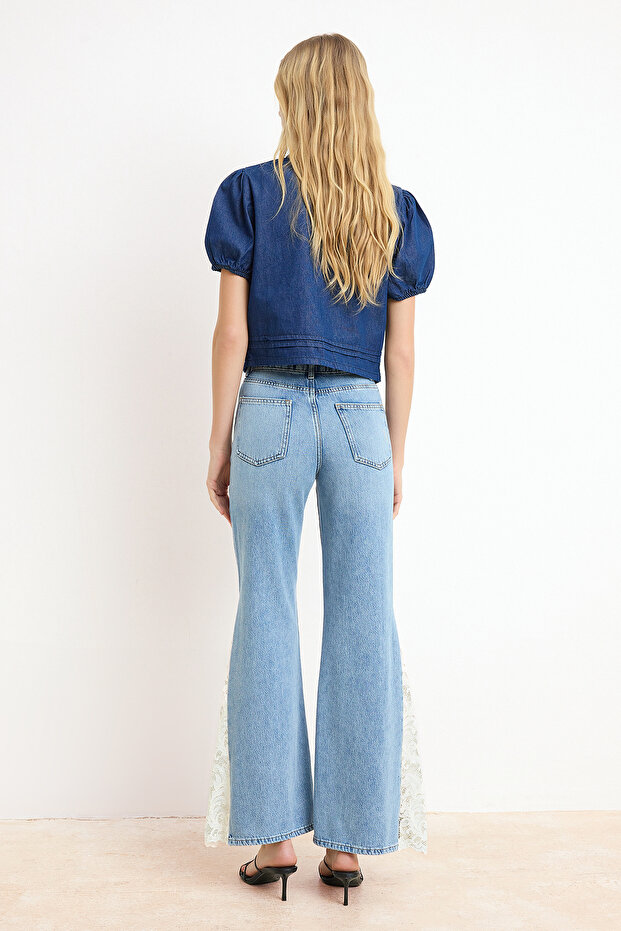 Nasiba Hafiz x Trendyol Collection Mavi Wide Leg Dantel Tencel Karışımlı Jeans TWOSS26JE00157 - 6