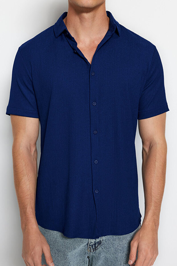 Lacivert Regular Fit Kısa Kol Yazlık Dokulu Bürümcük Örme Gömlek TMNSS23GO00055 - 4
