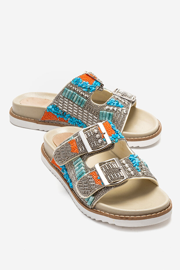 LANSO Beige Stone Double Strap Women's Slippers