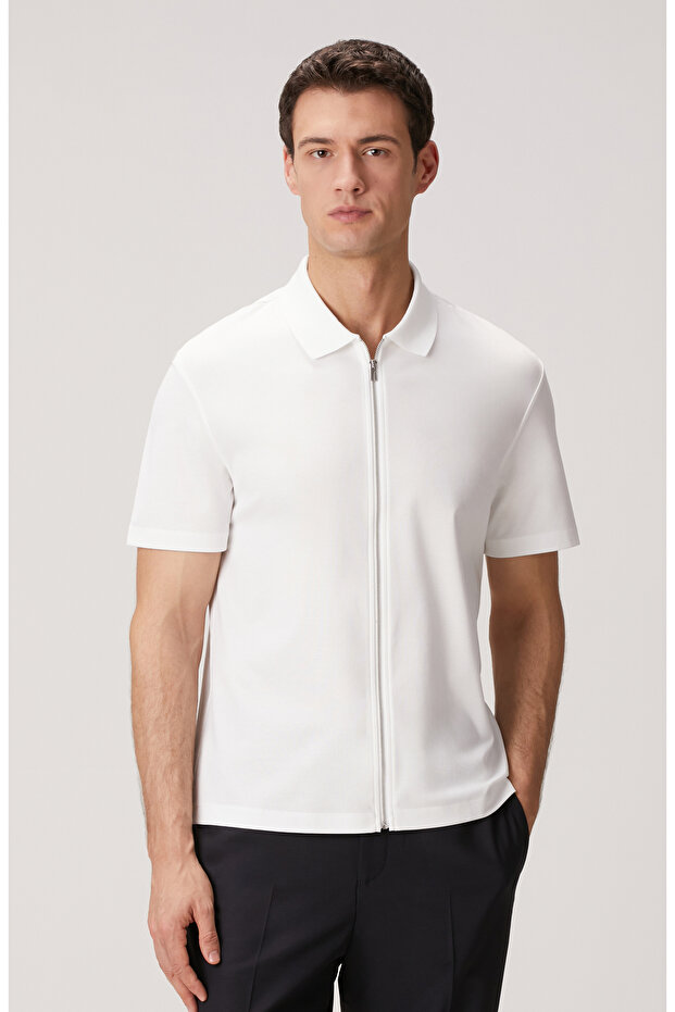 Beyaz N-Tech Fermuarlı Örme Gömlek - 1