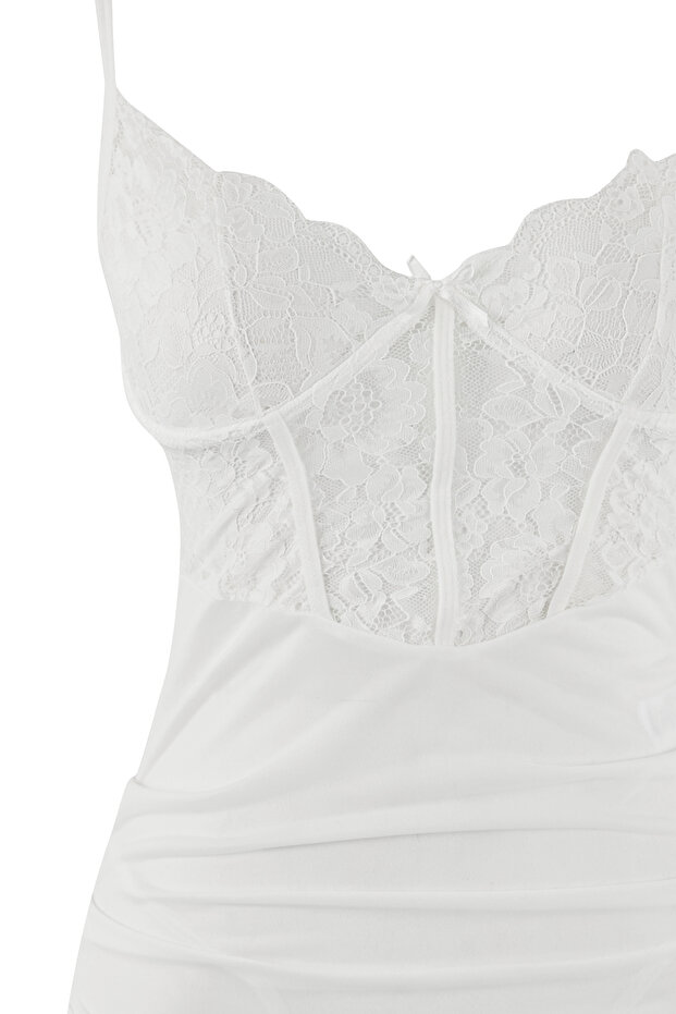 Beyaz Büzgülü İp Askılı Külotlu Babydoll/Fantezi Gecelik THMAW26LL00014 - 6