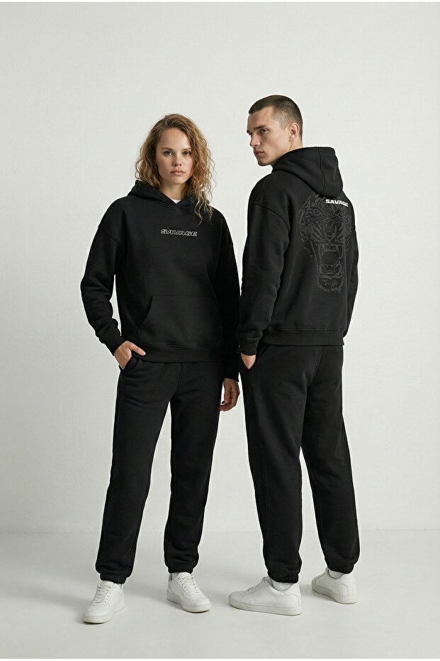 Unisex Oversize Savage Graphic Printed Premium Hooded Sweatshirt Black
