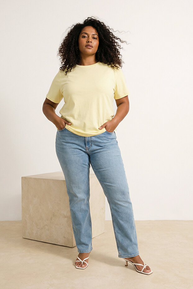 Sarı Regular Fit Basic Bisiklet Yaka %100 Pamuk Örme Büyük Beden T-Shirt TBBSS22TS0733 - 2