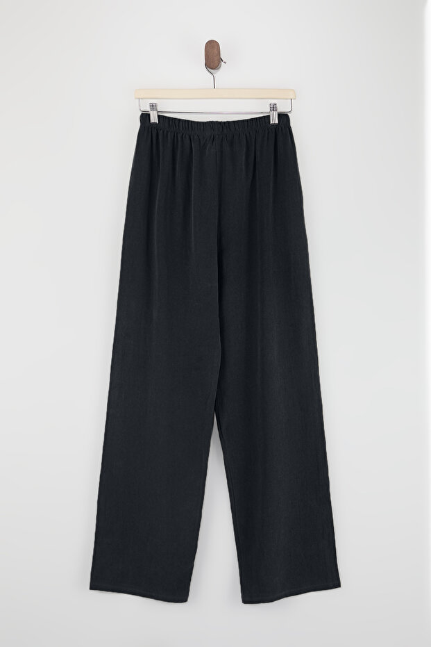 Siyah Keten Karışımlı Geniş Paça Tencel Pantolon TDRSS26PL00008 - 5